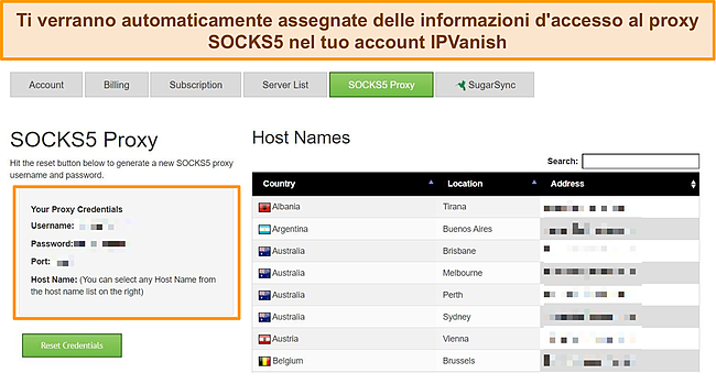 Screenshot delle credenziali di accesso proxy assegnate al mio account IPVanish