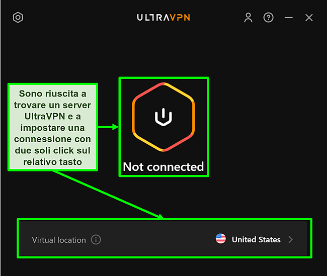 Schermata dell'interfaccia dell'app UltraVPN