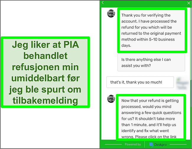 Skjermbilde av en privat internettilgangsrepresentant som godkjenner refusjon ved bruk av pengene-tilbake-garantien over live chat