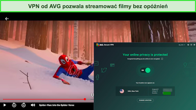 Zrzut ekranu przedstawiający transmisję strumieniową AVG Secure VPN z serwisu Netflix