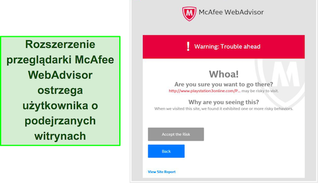 Zrzut ekranu przedstawiający interfejs rozszerzenia przeglądarki McAfee WebAdvisor.