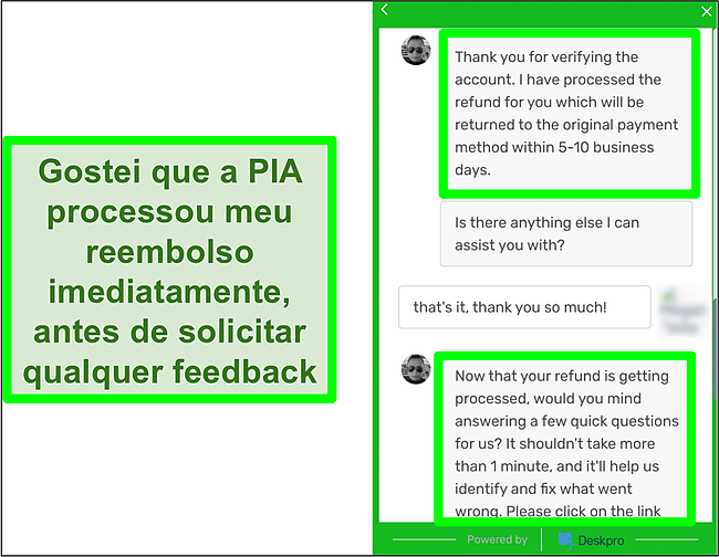 Captura de tela de um representante do Private Internet Access aprovando um reembolso usando a garantia de devolução do dinheiro por chat ao vivo