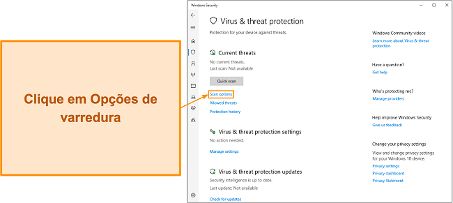 Captura de tela mostrando como acessar as opções de verificação do Microsoft Defender