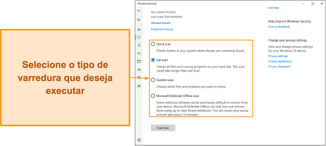 Captura de tela dos vários tipos de verificação disponíveis do Microsoft Defender
