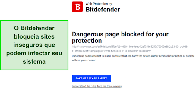 Análise do Bitdefender mostrando o recurso de proteção da web bloqueando ativamente o acesso a um site potencialmente prejudicial