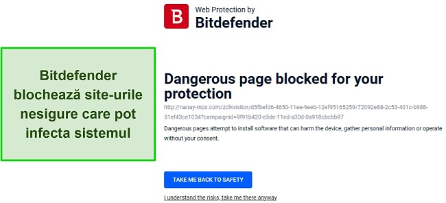 Revizuirea Bitdefender care prezintă funcția de protecție web care blochează în mod activ accesul la un site web potențial dăunător.