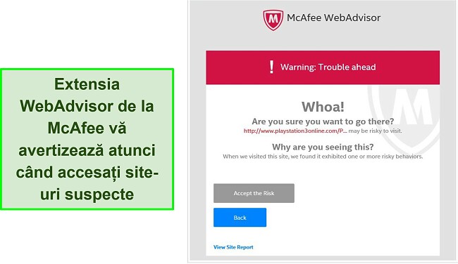 Captură de ecran a interfeței extensiei de browser McAfee WebAdvisor.