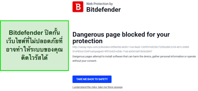 การตรวจสอบ Bitdefender แสดงให้เห็นถึงคุณสมบัติการป้องกันเว็บที่ปิดกั้นการเข้าถึงเว็บไซต์ที่อาจเป็นอันตราย