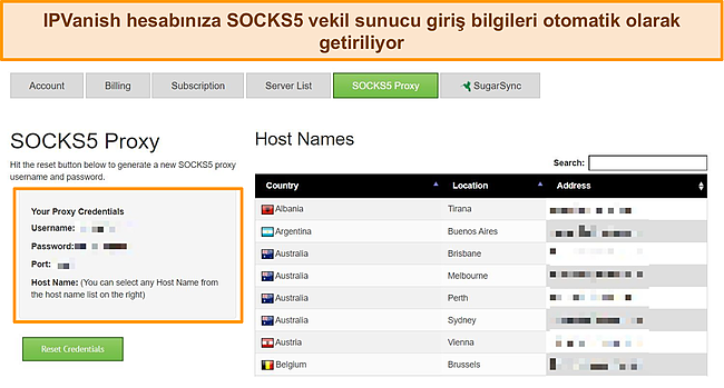 IPVanish hesabıma atanan proxy oturum açma kimlik bilgilerinin ekran görüntüsü