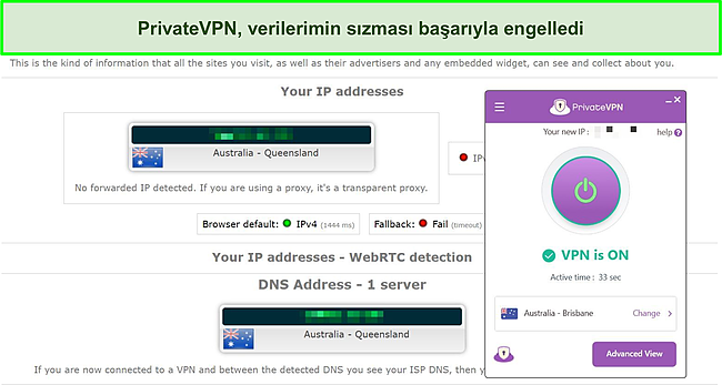 PrivateVPN sunucusunda bir DNS sızıntı testinin ekran görüntüsü