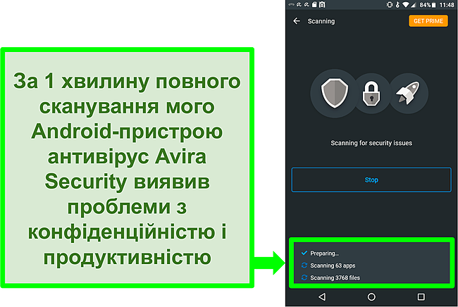 Знімок екрана сканування прогресу за допомогою Avira Security безкоштовно для Android