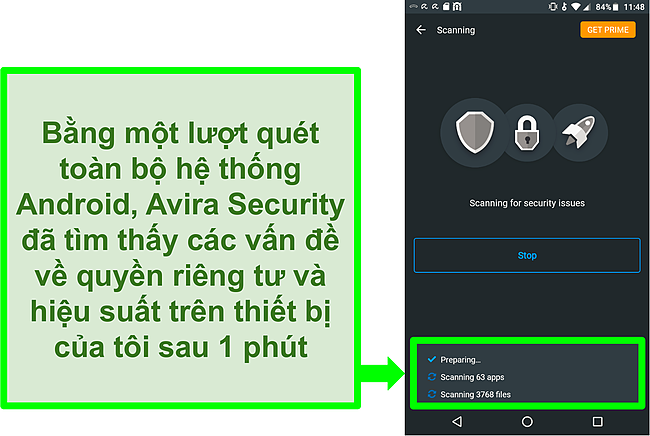 Ảnh chụp màn hình quét tiến trình sử dụng Avira Security miễn phí cho Android