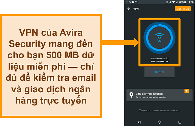 Ảnh chụp màn hình của VPN Android miễn phí được kết nối của Avira Security