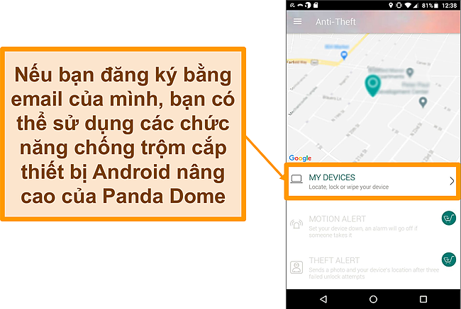 Ảnh chụp màn hình hệ thống chống trộm Panda Dome trên thiết bị di động Android