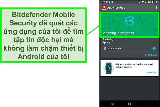 Ảnh chụp màn hình của Bitdefender Mobile Security phiên bản miễn phí quét thiết bị di động Android