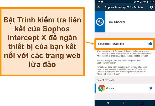 Ảnh chụp màn hình của Trình kiểm tra liên kết trên ứng dụng Android miễn phí của Sophos Intercept X