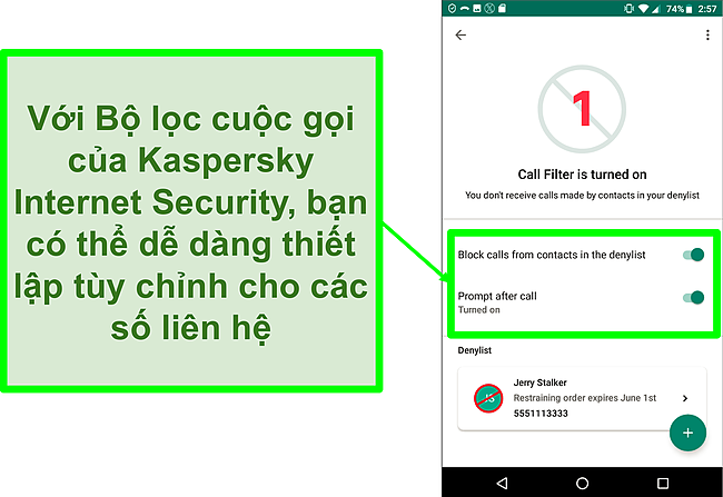 Ảnh chụp màn hình chức năng Lọc cuộc gọi của Kaspersky Internet Security trên thiết bị di động Android