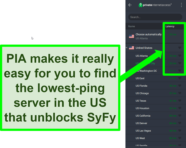 Screenshot of PIA's server menu in the US sorted by lowest to highest ping
