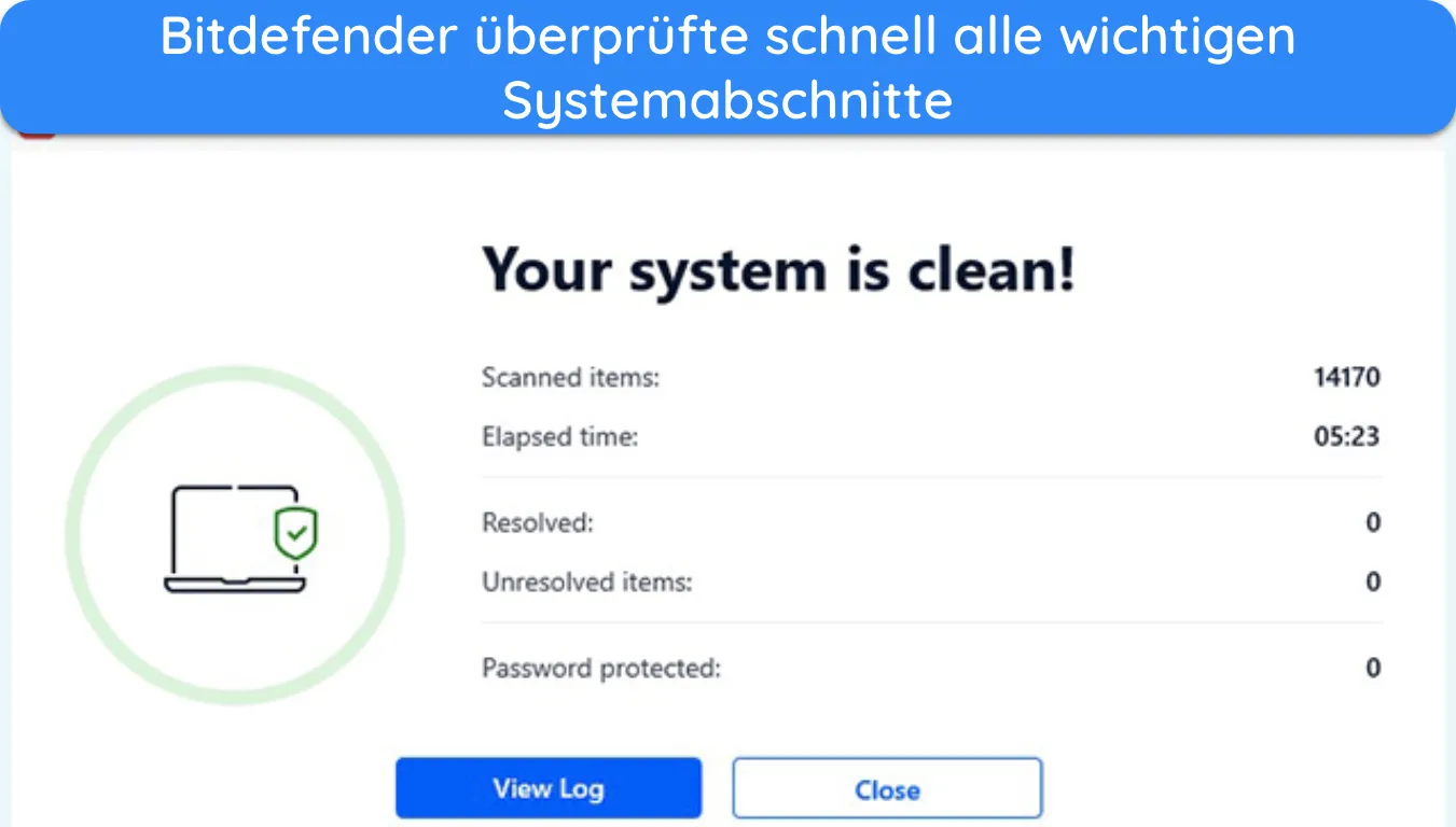 Screenshot, der die Ergebnisse des Quick Scan von Bitdefender zeigt.