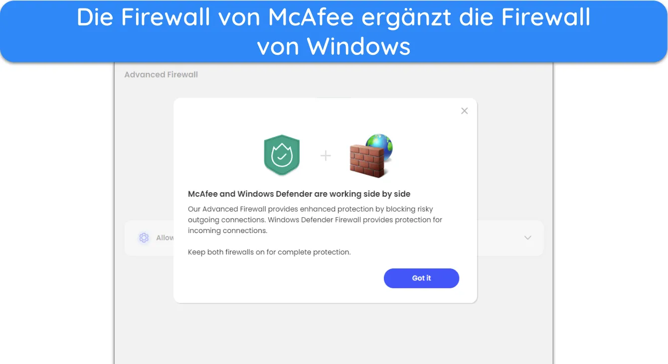 Screenshot, der die Firewall von McAfee im Zusammenspiel mit der Firewall von Windows zeigt.