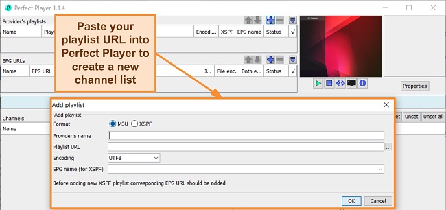  skærmbillede af oprettelse af en ny afspilningsliste i Perfect Player.