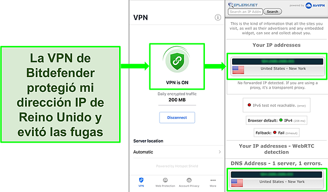 Captura de pantalla que muestra la función VPN de iOS de Bitdefender y los resultados de una prueba de fugas de IP que no muestran fugas.