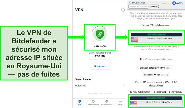 Capture d'écran montrant la fonctionnalité VPN iOS de Bitdefender et les résultats d'un test de fuite IP ne montrant aucune fuite.