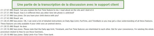 Capture d'écran d'une transcription avec le support client de FamilyTime