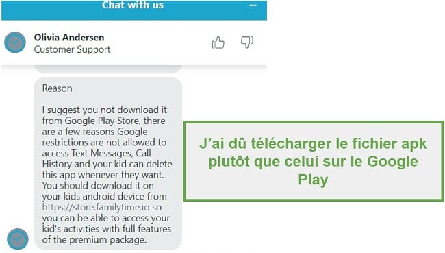 Capture d'écran du service client conseillant de télécharger l'application FamilyTime depuis leur boutique