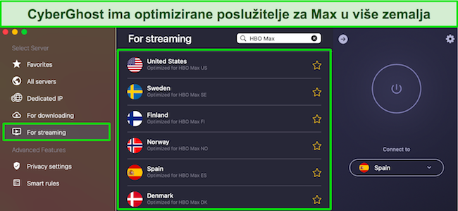 Snimka zaslona poslužitelja CyberGhosta optimiziranih za strujanje za Max