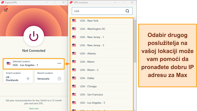 Snimka zaslona ExpressVPN-ovih opcija poslužitelja u SAD-u
