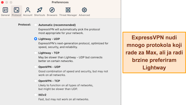 Snimka zaslona opcija protokola dostupnih u macOS aplikaciji ExpressVPN-a