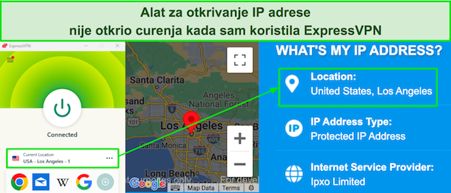 Snimka zaslona alata za traženje IP adrese koja ne pokazuje curenje kada je ExpressVPN povezan s poslužiteljem u Los Angelesu