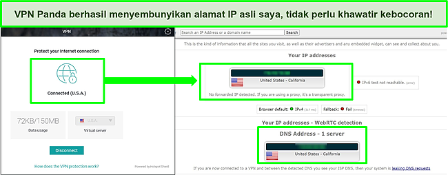 Tangkapan layar VPN Panda yang terhubung ke server AS dengan hasil uji kebocoran IP yang menunjukkan tidak ada kebocoran.