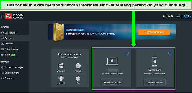 Cuplikan layar dasbor akun Avira yang menunjukkan perangkat dengan paket gratis terpasang.