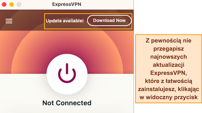 Zrzut ekranu powiadomienia o aktualizacji aplikacji w ExpressVPN