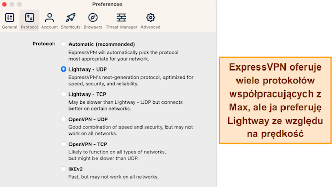 Zrzut ekranu przedstawiający opcje protokołu dostępne w aplikacji ExpressVPN na macOS
