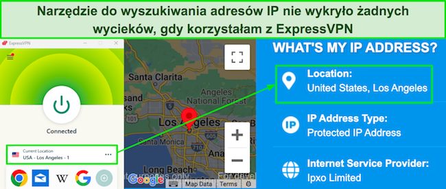 Zrzut ekranu narzędzia do wyszukiwania adresów IP pokazujący brak wycieków, gdy ExpressVPN jest podłączony do serwera w Los Angeles