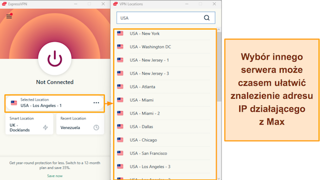 Zrzut ekranu przedstawiający opcje serwera ExpressVPN w USA