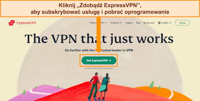 Zrzut ekranu przedstawiający stronę główną witryny ExpressVPN z podświetlonym przyciskiem „Pobierz ExpressVPN”.