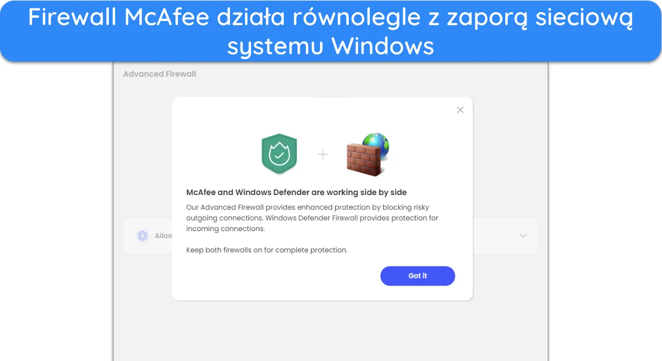 Zrzut ekranu pokazujący zaporę McAfee działającą z zaporą systemu Windows.