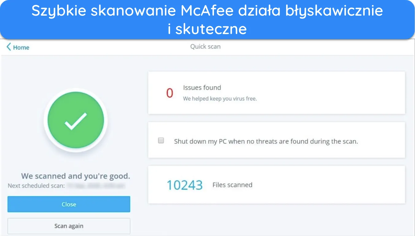 Zrzut ekranu pokazujący wyniki szybkiego skanowania McAfee.