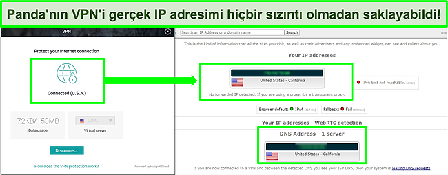 Panda'nın bir ABD sunucusuna bağlı VPN'inin, IP sızıntı testinin sonuçlarında sızıntı olmadığını gösteren ekran görüntüsü.