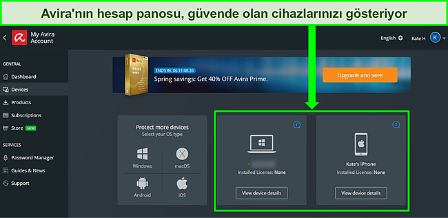 Avira'nın ücretsiz planın yüklü olduğu cihazları gösteren hesap panosunun ekran görüntüsü.