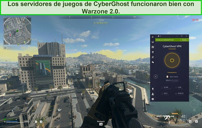 Captura de pantalla de CyberGhost VPN conectado a un servidor francés mientras juegas Warzone 2.0