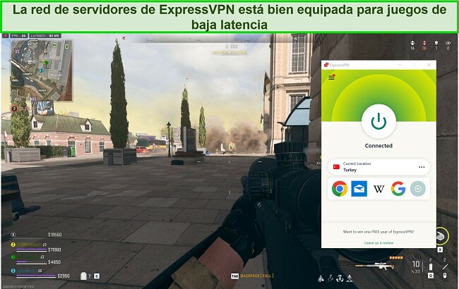 Captura de pantalla de ExpressVPN conectado a un servidor del Reino Unido mientras juegas Warzone 2.0