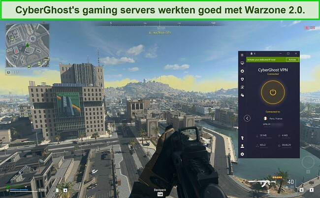 Schermafbeelding van CyberGhost VPN verbonden met een Franse server tijdens het spelen van Warzone 2.0