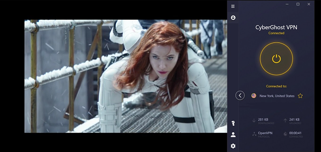 A screenshot of Black Widow streaming on Disney+ with CyberGhost connected