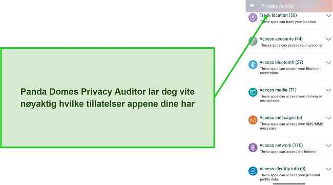 Skjermbilde som viser Panda Domes Privacy Auditor-funksjon