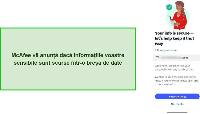 Captură de ecran a verificatorului de încălcare a datelor de la McAfee